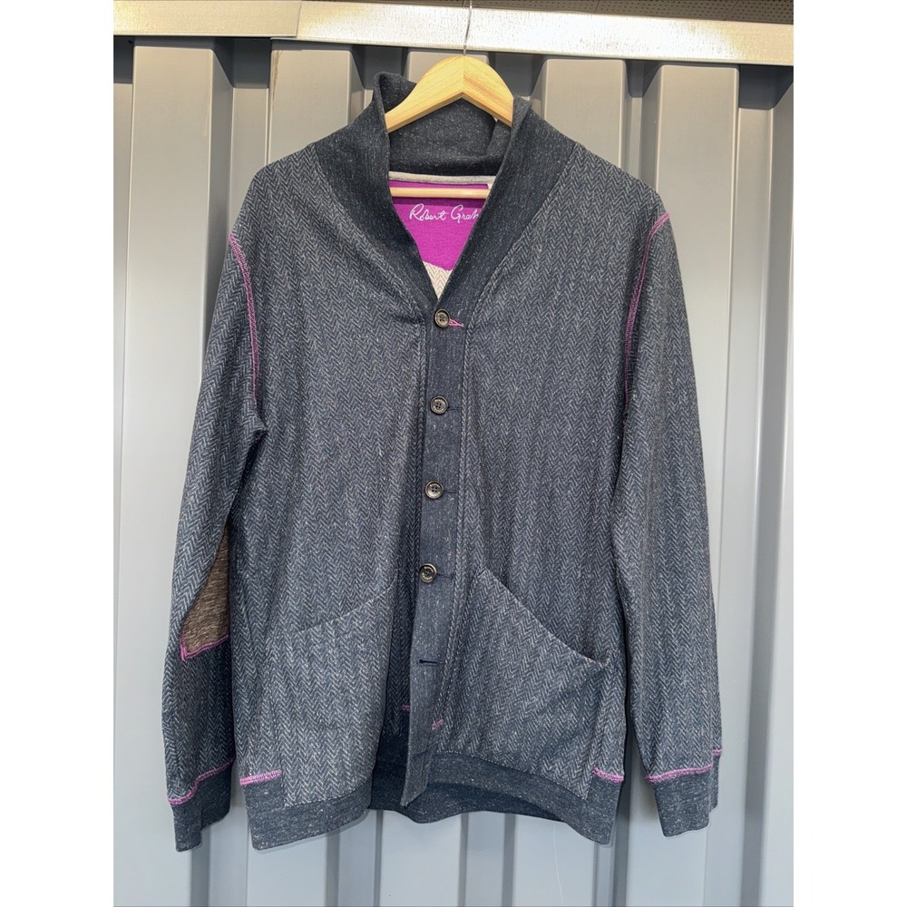 Robert Graham Cardigan Jumper Mens L Blue Geometric Knit V Neck Ombre Button